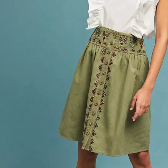 Maeve Dresses & Skirts - Maeve Skirt Womens 14 Green Embroidered Button A-Line Linen Blend Boho Fairy